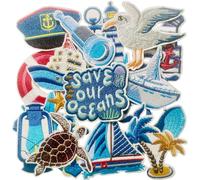 18Pcs Sailing Maritime Iron On Patches, Sea Ocean Cruise Ship Embroidered Applique, DIY Heat Press Embroidery Patch for Clothes/Hat/Shirt/Denim Jeans/Bags