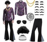 18pcs Set 70s Disco Costume Set, Hippie Men's Outfit Fancy Dress Set with Flared Pants Shirt Wig Wig Headgear Fake Beard Gold-rimmed Glasses Gold Necklace Inflatable Disco Balloon for Carnival