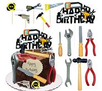 18PCS Tools Cake Topper Tools Cake Decorations Toolbox Wrench Hammer Mechanic Drill Plier Handsaw Tape Measure Screwdrivers Themed Happy Birthday Party Decor