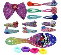 18PCs Trolls Hair Styling Set - Hair Brush, Hair Ties and Xmas Hair Clips with Bow, Heart Shaped Charms and Pom Poms, Kids Christmas Hair Accessories for Girls