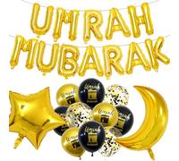 18Pcs Umrah Mubarak Decoration Set, Black Gold Umrah Mubarak Banner, Umrah Mubarak Balloons, Eid Ramadan Decorations, Ramadan Decorations for Home Muslim Party Supplie