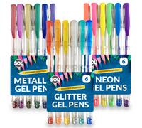 18pk Gel Pens for Kids | 3 Sets Coloured Gel Pens for Writing Includes 1 x 6pk Glitter Pens, 1 x 6pk Neon Pens, and 1 x 6pk Metallic Pens|Pastel Gel