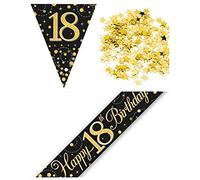 18th Age 18 Birthday Black And Gold Party Kit Banner, Bunting Confetti Decoration Kit Party Decorations Banner Bunting Confetti Bundle Him Her Men Women Triangle Flag