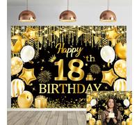 18th Birthday Backdrop Boys Girls Black and Gold Time To Adult Happy 18th Birthday Photography Backdrop 18 Eighteen Years Old Bday Party Decoration Background 6x4ft