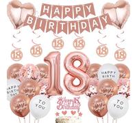 18th Birthday Balloons Decorations for Girl - 44 Pieces 18 Year Old Supplies Rose Gold with Happy Birthday Banner, Number 18 Hanging Swirls Cake Topper for Party Accessories