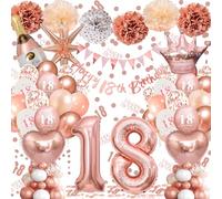 18th Birthday Balloons Rose Gold, Banner, Triangle Flag, 18th Birthday Decorations, Rose Gold Party Decorations Set, Latex, Heart, Crown And Numbers Balloons, Confetti, Paper Pom Poms