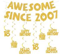 18th Birthday Banner Decorations Gold - Awesome Since 2007 Glitter Banners and Hanging Swirls, Happy 18th Birthday Party Decoration for Girls and Boys