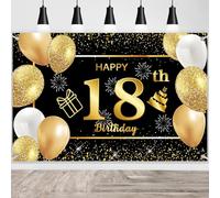 18th Birthday Banner, Happy 18th Birthday Decorations Banner 18th Photo Backdrop, Black Gold Birthday Party Background Supplies Anniversary Photo Booth Sign Poster Background for Girls Boys