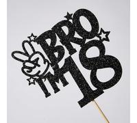 18th Birthday Cake Topper - Black Glitter 'BRO I'M 18' Sign with Star Design - Pre-Attached for Instant Use - Non-Edible Party Decoration