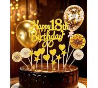18th Birthday Cake Topper for Girls, Gold Glitter Happy 18th Birthday Decorations, Eighteen Cake Toppers for Her with Stars, Hearts & Fans, All-in-One Party Supplies Kit
