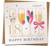 18th Birthday Card, Champagne Glasses Celebration Design, 145mm x 145mm Square, Includes Kraft Envelope, Happy 18 Today Card for Her or Him, Son Daughter Friend