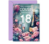 18th Birthday Card Cousin - Pink Presents Champagne Bottle - Gorgeous Pretty Beautiful Birthday Cards for 18 Year Old Woman Women, 5x7 Inch Greeting Cards Gift