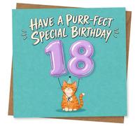 18th Birthday Card for Cat Lovers, Have a Purr-Fect Special Birthday, Cute Orange Kitten Holding Balloon Numbers 18