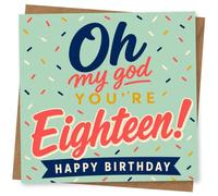 18th Birthday Card for Daughter, Oh My God Typography | Bold retro lettering says “Oh my god you’re Eighteen!” with colourful sprinkle confetti and a navy Happy Birthday banner.