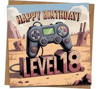 18th Birthday Card for Gamers - Level 18 Game Controller Funny Greeting, 145mm x 145mm Square, Kraft Envelope Included - For Son, Teen, Boyfriend, Friend