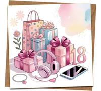 18th Birthday Card for Her - Cute Pink Gifts & Headphones Design, Square 145mm x 145mm, Blank Inside, Includes Kraft Envelope - For Daughter, Granddaughter, Niece, Friend