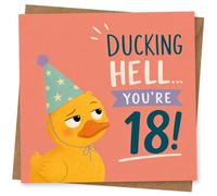 18th Birthday Card for Her, Ducking Hell Party Duck Pun | Cheeky 18th for her: grumpy duck in a starry party hat on peach, with the pun ‘Ducking Hell… You’re 18!’