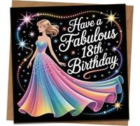 18th Birthday Card for Her - “Have a Fabulous 18th Birthday” - Rainbow Princess Dress & Stars - Square Greeting Card 145mm x 145mm with Kraft Envelope