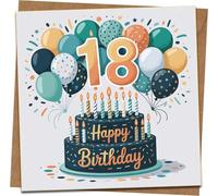 18th Birthday Card for Him or Her - 145mm Square - Balloons & Cake Design - Blank Inside - Includes Kraft Envelope - Milestone 18 Years Greeting Card