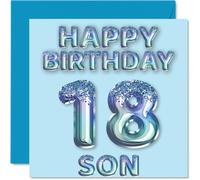 18th Birthday Card for Son - Blue Glitter Party Balloons - Happy Birthday Cards for 18 Year Old Son from Mum Dad Parents, 145mm Bday Greeting Cards Gift