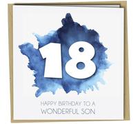 18th Birthday Card for Son - to a Wonderful Son - Modern Blue Watercolour Milestone - Age 18 Greeting - C5 with Kraft Envelope #1493