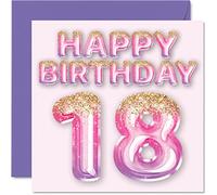 18th Birthday Card for Women - Pink & Purple Glitter Balloons - Happy Birthday Cards for 18 Year Old Woman Daughter Sister Auntie Cousin, 145mm Bday Greeting Cards Gift