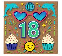 18th Birthday Card - Neon Party Design with Heart Sunglasses, Disco Ball, Dolphins and Cupcakes - Bright Colourful Card for Turning Eighteen