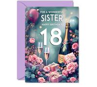 18th Birthday Card Sister - Pink Presents Champagne Bottle - Gorgeous Pretty Beautiful Birthday Cards for 18 Year Old Woman Women, A5 Greeting Cards Gift