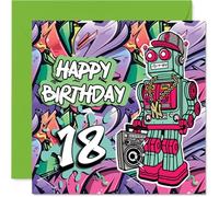 18th Birthday Cards for Men - Wicked Graffiti Robot - Happy Birthday Card for 18 Year Old Man Brother Colleague Nephew Uncle, 145mm Bday Greeting Cards