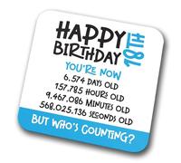 18th Birthday Coaster - Celebrate 18 Years in Seconds, Minutes, Hours, and Days. Novelty Drink Coasters for Tea and Coffee for Christmas and Birthdays (Modern) (Blue, 18 Years Old)