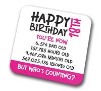 18th Birthday Coaster - Celebrate 18 Years in Seconds, Minutes, Hours, and Days. Novelty Drink Coasters for Tea and Coffee for Christmas and Birthdays (Modern) (Pink, 18 Years Old)