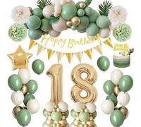 18th Birthday Decoration for Girls Boys, 63Pcs Sage Green Party Decoration Set - 32Inch 18th Birthday Balloon, Star Foil Balloon, Green Gold White Balloons, Banner, Cake Topper