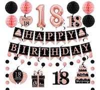 18th Birthday Decoration for Women - Happy 18th Birthday Banner, Hanging Swirls, Honeycomb Balls, Rose Gold 18 Number Balloons and Circle Dots Garland for 18th Birthday Party (18)