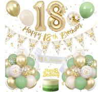 18th Birthday Decoration Sage Green, Green White Gold Birthday Decorations for 18 Year Old, Number 18 Balloons with Banner, Cake Decoration for Boy and Girl, 18 Year Old Birthday Decoration