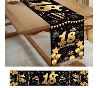 18th Birthday Decorations 18th Birthday Table Runner for Boys Girls Black Gold Table Decorations for Boys Girls Happy-Birthday Table Cloth for Him Her, 180x35cm