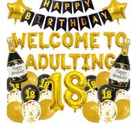 18th Birthday Decorations - 42 Pcs Black Gold Party Decoration Welcome To Adulting Letter Balloons Foil Balloon Including for Birthday Party Supplies