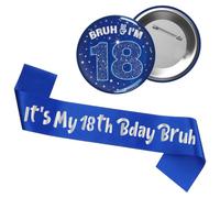 18th Birthday Decorations Badge Sash - Glitter Blue Silver It's My 18th Bday Bruh Sash Bruh I'M 18 Funny Badge Pin Gift for He Boys Girls Friend 18 Year Old Happy Bday Party Supplies