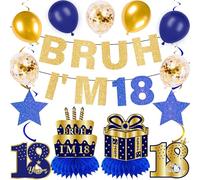 18th Birthday Decorations Balloon Boy - 15 Pcs Blue Gold Glitter Bruh I'm 18 Banners Hanging Swirls Honeycomb Table Decoration Balloons for Boys Birthday Party Decor Supplies