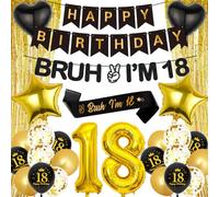 18th Birthday Decorations Balloons Banner - 28 Pcs Boys Black Gold Happy Birthday Banner Decorations Bruh I'M 18 Banners Curtain Backdrop Foil Balloons for 18 Years Old Boy Party Decor Supplies