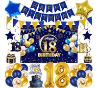 18th Birthday Decorations Balloons Banner - 33 PC Blue Gold Balloon Set | 33 Pcs Blue Gold Banners Foil Balloons Number 18 Star Backdrop Hanging Swirls Cake Topper for Boys Girls 18 Year Old