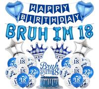 18th Birthday Decorations Balloons Boy - 34 Pcs Blue Silver Bruh Im 18 Banner Fishtail Flag Star Crown Foil Balloons Cake Topper Set for Boys 18 Year Old Birthday Party Decor Supplies