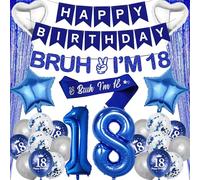 18th Birthday Decorations Balloons Boys - 28 Pcs Blue Silver Happy Birthday Banner Decorations with Bruh I'M 18 Banners Curtain Backdrop Foil Balloons for 18 Year Old Boy Party Decoration Supplies