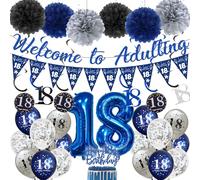 18th Birthday Decorations Balloons Boys - 35 Pcs Navy Blue Silver Banners Paper Pompoms Foil Confetti Balloons Hanging Swirls Cake Topper for Boys Men 18 Years Old Happy Birthday Decor Supplies