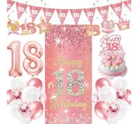 18th Birthday Decorations Balloons Girls - 29 Pcs Rose Gold Triangle Banner Hanging Swirls Backdrop Glitter Cake Topper Number 18 Foil Balloon for Her Girl 18 Years Old Happy Birthday Party Supplies