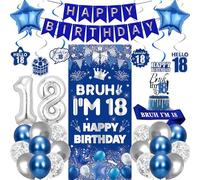 18th Birthday Decorations Banner Balloons - 32 Pcs Blue Silver Bruh I'm 18 Happy Bday Banner Hanging Swirls Cake Topper Sash Balloon for Boys Girls 18 Year Old Birth Party Supplies Decor