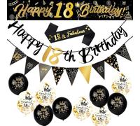 18th Birthday Decorations Banner, Black Gold 18th Birthday Party Banner and Yard Banners, 18 & Fabulous Strap, Triangle Flag Bunting Confetti Party Balloons, 18th Birthday Party Supplies
