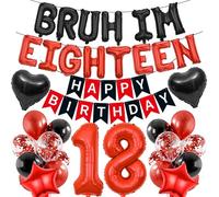 18th Birthday Decorations Banners Boy - 39 Pcs Black and Red Happy Birthday Banner BRUH I'M EIGHTEEN Star Heart Number 18 Foil Balloons Decoration Sequin Balloons for 18 Years Old Boys Party Decor