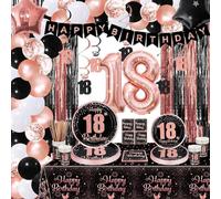 18th Birthday Decorations - Black and Rose Gold Party Decorations, Balloons, Banner, Plates, Napkins, Cups, Tablecloth, 18th Birthday Party Supplies for Girls, Serve 20