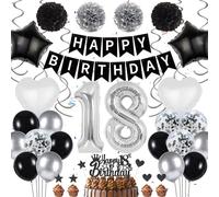 18th Birthday Decorations Black Silver - 51 Pieces 18th Birthday Decoration for Boys, Number 18 Foil Balloon Happy Birthday Banner Star Love Balloons Tissue Paper Pom Poms Cake Toppers for Girls