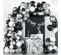 18th Birthday Decorations Black Silver Balloons Arch Kit with Number Foil Confetti Balloon Happy Birthday Bunting Banner Black and Silver Party Decor for 18 Years Old Boys Girls Women Man Anniversary